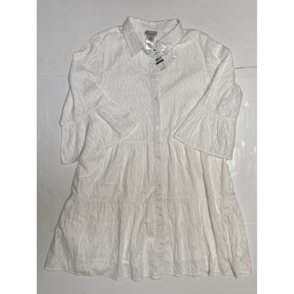 Tommy Bahama Womens White Cotton‎ Eyelet Tiered Shirt Dress Cover Up Large NWT